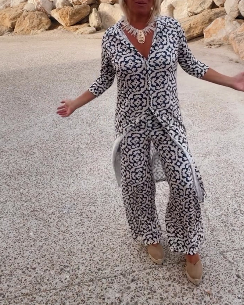 Moa™ - Zweiteiligen Set mit Vintage-Print, Reverskragen und Knöpfen