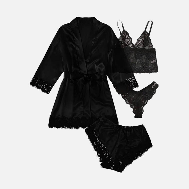 AmorLace™ 4-teiliges Satin- und Spitzen-Pyjama-Set