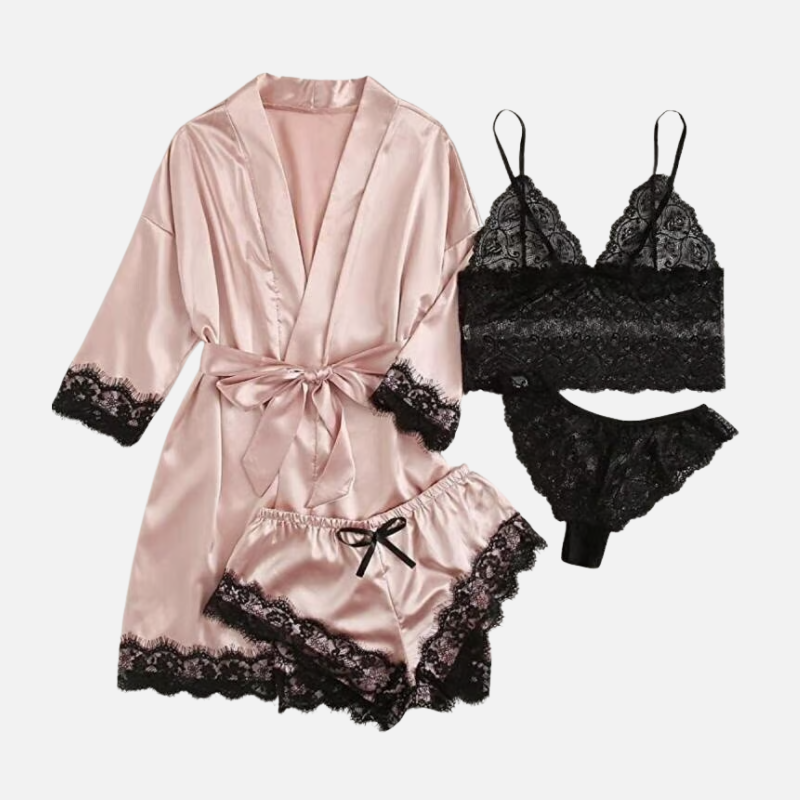 AmorLace™ 4-teiliges Satin- und Spitzen-Pyjama-Set