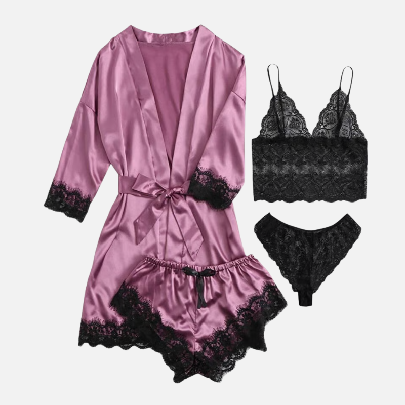 AmorLace™ 4-teiliges Satin- und Spitzen-Pyjama-Set