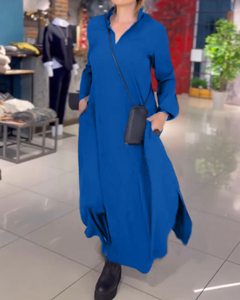 Gazini™ - Lockeres langes Kleid mit Aufschlägen und Seitenschlitz