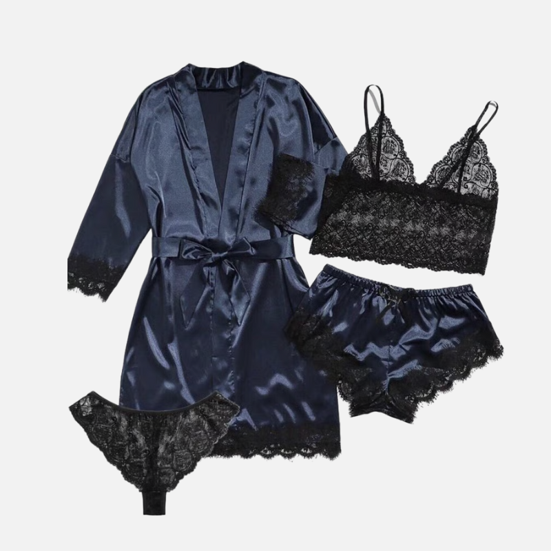 AmorLace™ 4-teiliges Satin- und Spitzen-Pyjama-Set