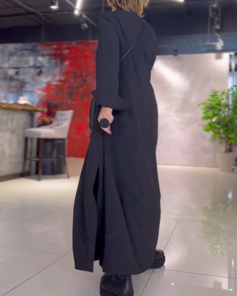 Gazini™ - Lockeres langes Kleid mit Aufschlägen und Seitenschlitz