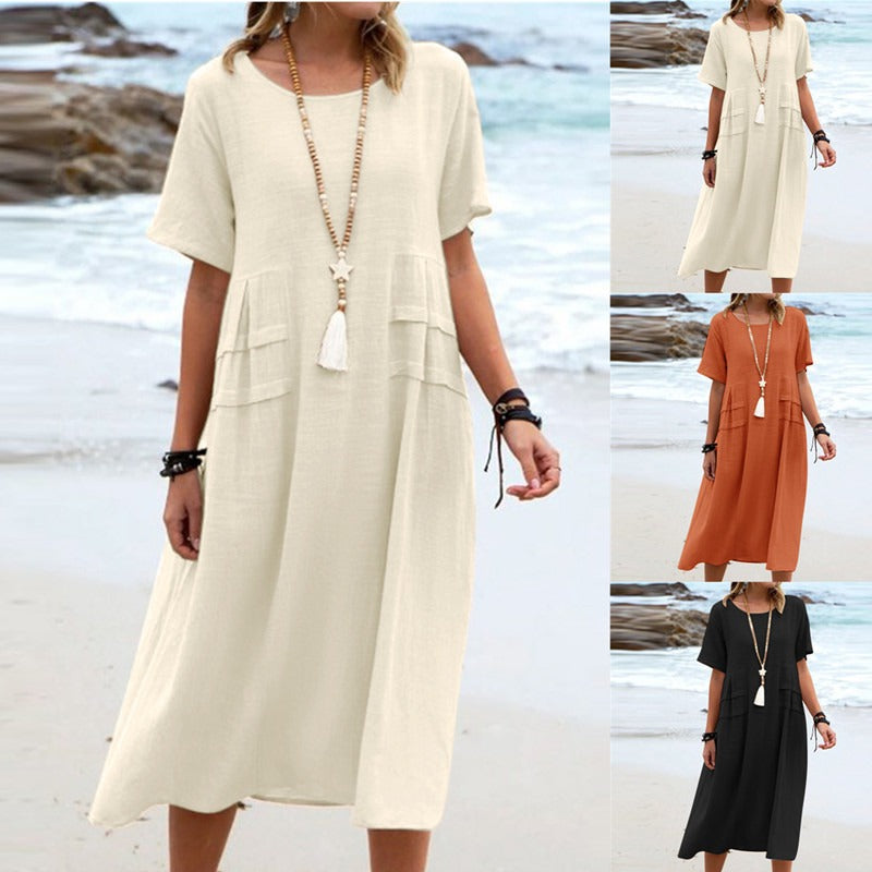 Junia™ - Baumwoll-Leinen-Midikleid mit Rundhalsausschnitt