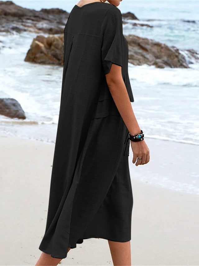 Junia™ - Baumwoll-Leinen-Midikleid mit Rundhalsausschnitt