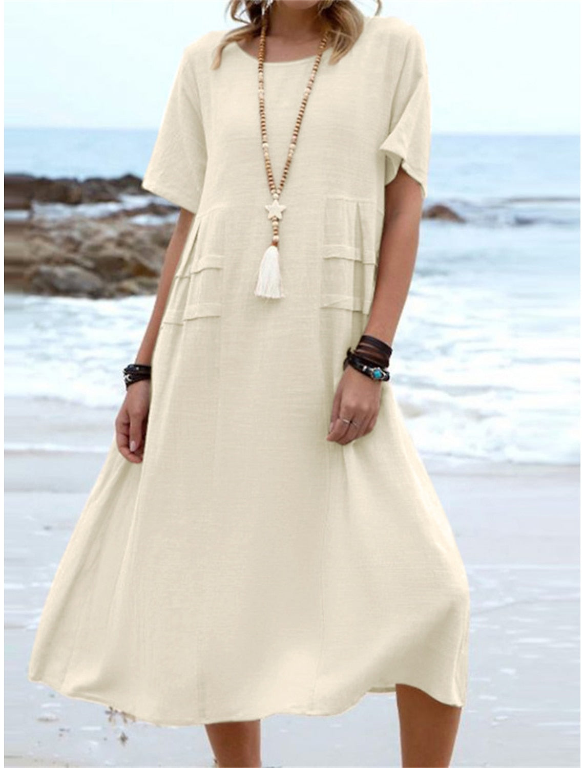 Junia™ - Baumwoll-Leinen-Midikleid mit Rundhalsausschnitt